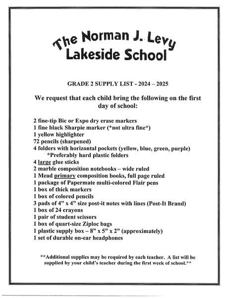 Lakeside School - SECOND Grade 2024-25 School Supply Package
