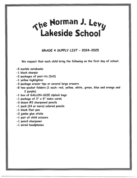 Lakeside School - FOURTH Grade 2024-25 School Supply Package