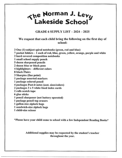 Lakeside School - SIXTH Grade 2024-25 School Supply Package